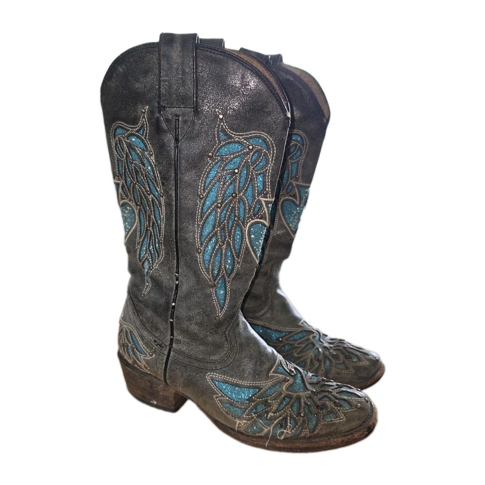 Aventurero Mexican Leather Western Boots Turquoise Feather Size 4 US *read*